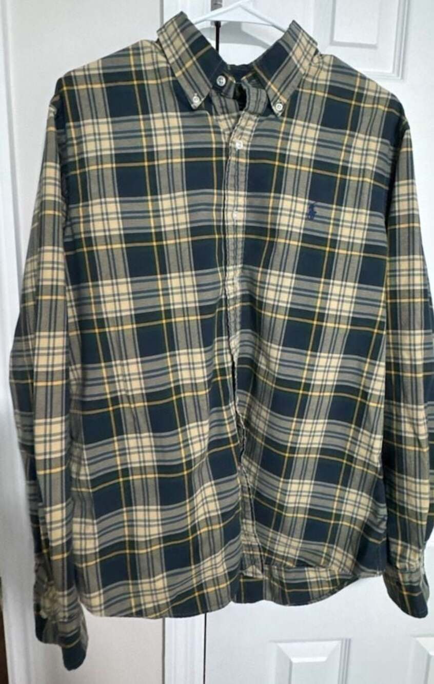 Ralph Lauren Men's Custom Fit Green and Yellow Plaid Long Sleeve Button-Down Shi